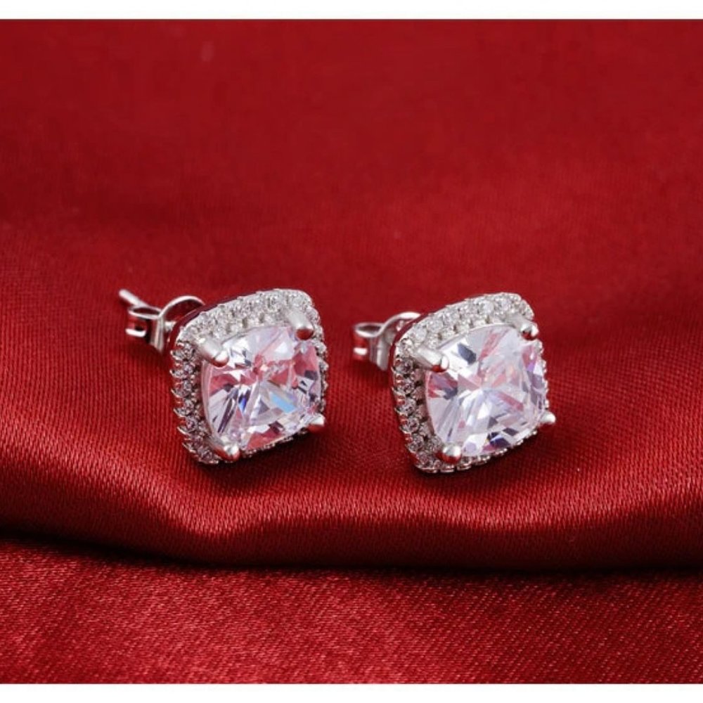 NEW Silver Cushion Diamond Halo Stud Earrings - Picture 5 of 7